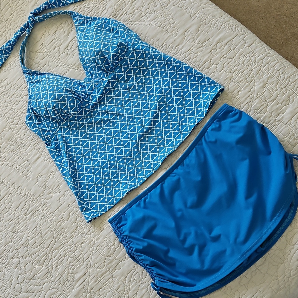 Land's End Two Piece Halter Tankini And Skort Set Bikini Blue‎ Size 10